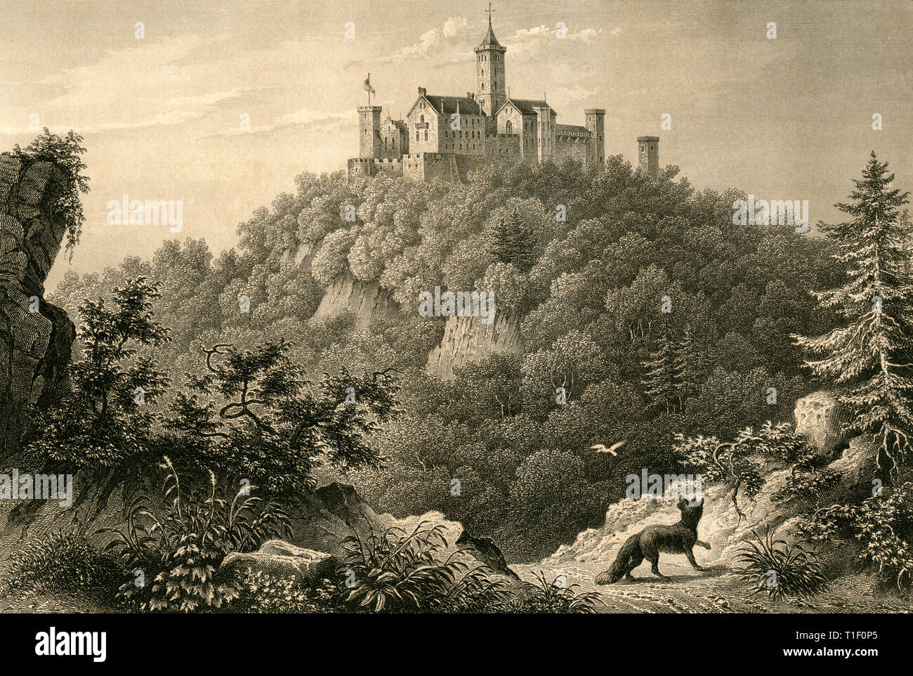 Germany, Thuringia, Wartburg, steel engraving from: 'Meyer`s Universum', volume 20, printed by Bibliographisches Institut, Hildburghausen, 1859., Artist's Copyright has not to be cleared Stock Photo